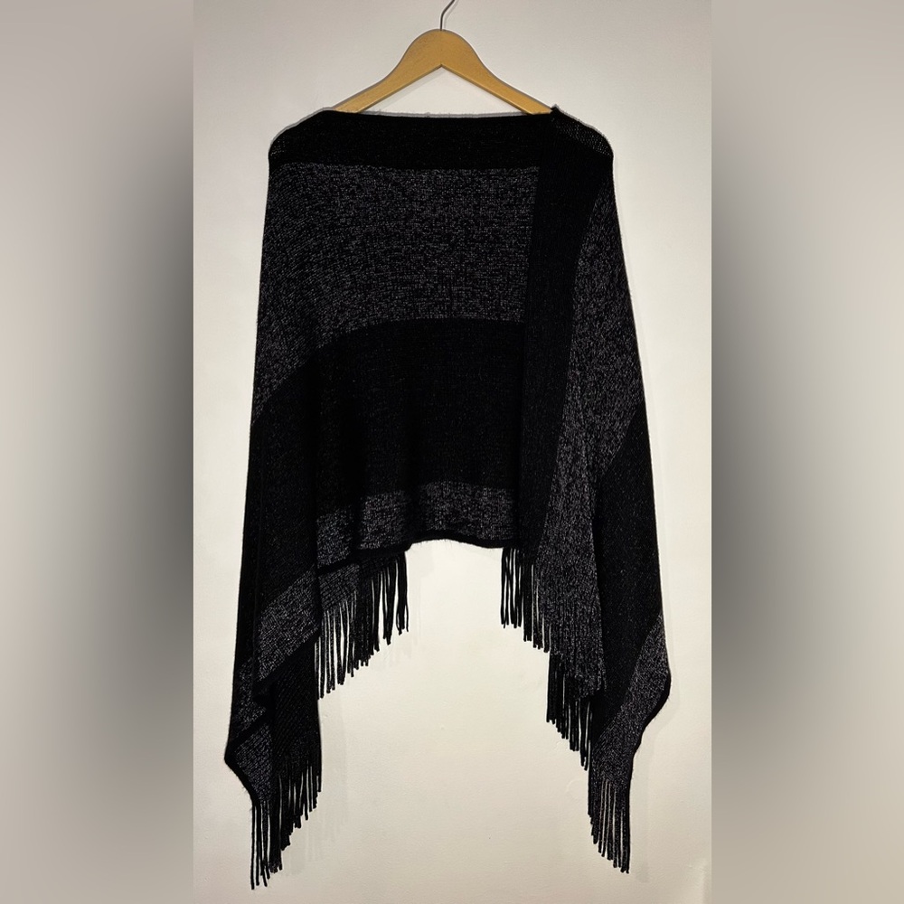 Black and Gray Knit Poncho with Fringe